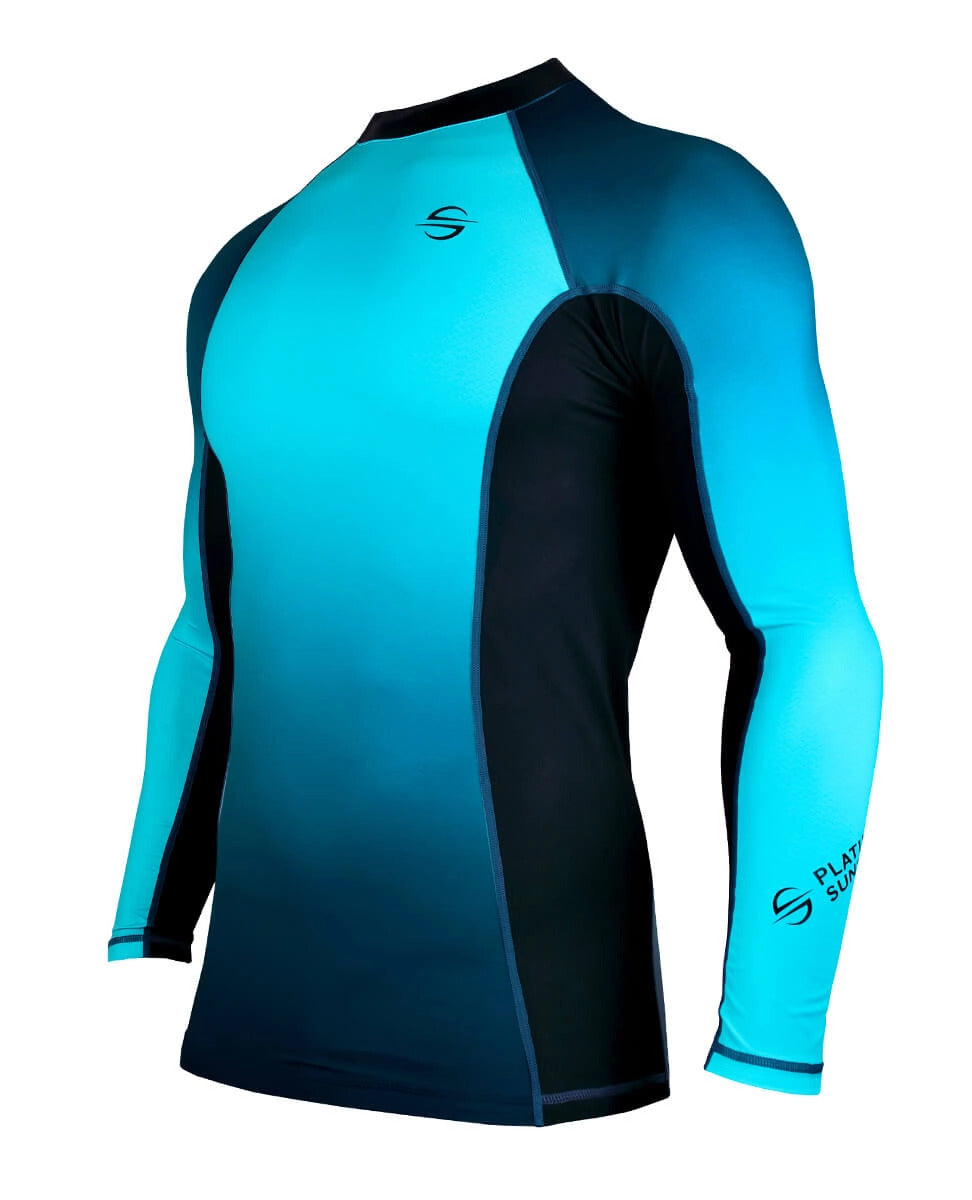 Dumajo Men's Long Sleeve Rash Guard & Compression Tights Set - UPF 50, Quick-Dry, Striped Blue, Large