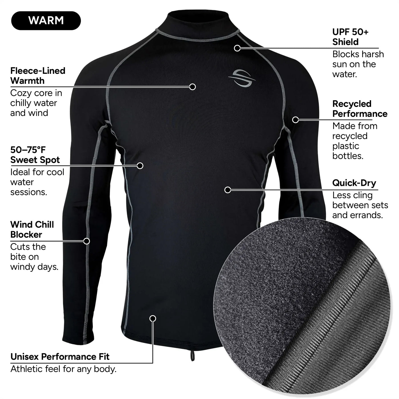 Fleece-Lined Thermo Rash Guard for Cold Water, Unisex UPF 50+ | Black ...
