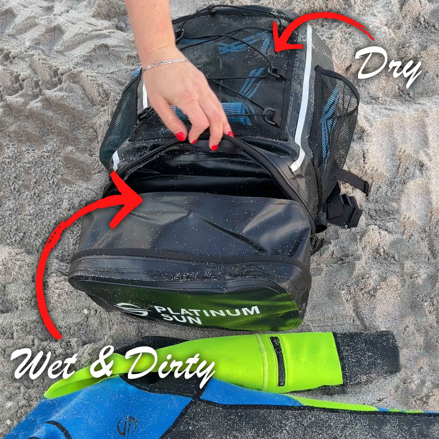 waterproof drybag with wet-dry pocket